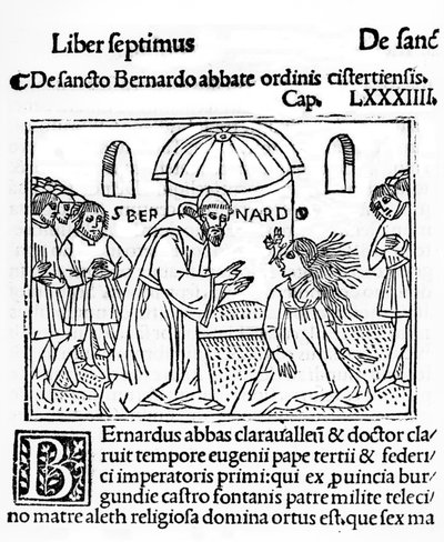 San Bernardo de Claraval exorcizando a una mujer poseída, ilustración de La Vie des Saints publicada en 1506 de French School