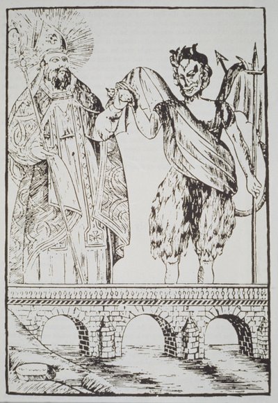 San Cado y el Diablo, copia de una impresión popular francesa, ilustrado en una historia de la magia publicado a finales del siglo XIX de French School