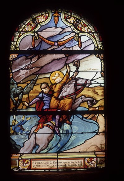 San Guénolé, Abad de Landévennec, salva al Rey Gralon durante la inundación de la ciudad de Ys - vitrales de la iglesia de San Germán en Kerlaz de French School