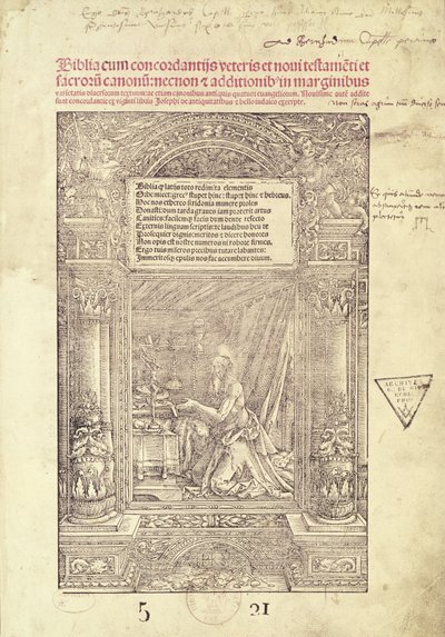 San Jerónimo en su estudio, página de título de una Biblia, impresa por J. Marion, Lyon, 1521 de French School