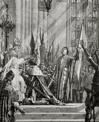 Santa Juana de Arco (1412-31) en la Coronación de Carlos VII en 1429 de French School