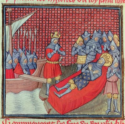 San Luis muere de peste el 25 de agosto de 1270 durante la Cruzada contra Túnez, del manuscrito "Grands Chroniques de France" (vitela) de French School