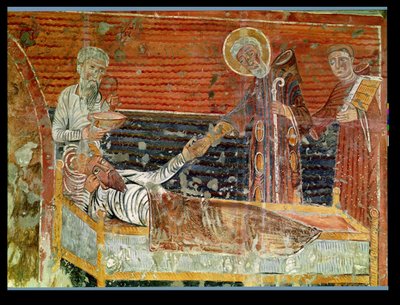 San Severino (d.507) curando a Clovis I (465-511) copia de un original del siglo XII en la Iglesia de Chateau-Landon de French School