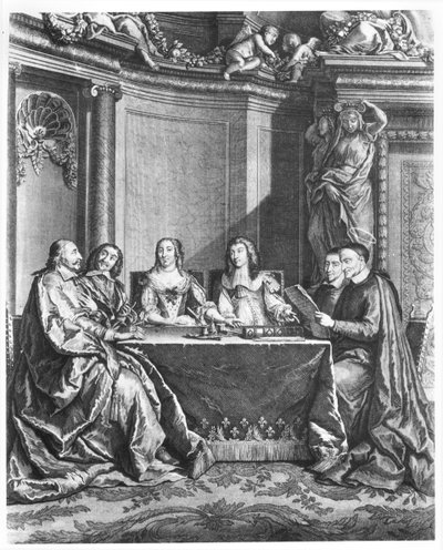 San Vicente de Paúl (1581-1660) y el Cardenal Jules Mazarin (1602-61) en el Consejo de Conciencia de Luis XIV (1638-1715) grabado por Gerard Scotin c.1660 de French School