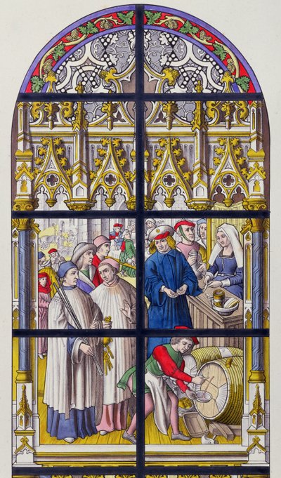 Vidriera de la Catedral de Tournai que ilustra los impuestos sobre la cerveza y el vino por los obispos de Tournai de French School