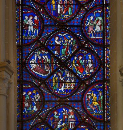 Vidriera de la catedral de Chartres: detalle de la vida de San Tomás de French School