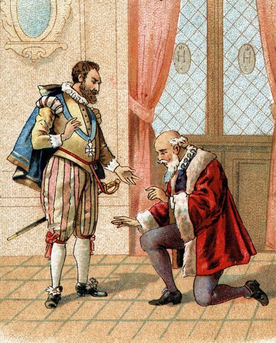Levántate, amigo mío, tus enemigos dirán que te perdono dijo el rey Enrique IV a Maximiliano de Béthune (Duque de Sully) (1559-1641) en 1598, quien se había arrodillado después de una acalorada discusión de French School