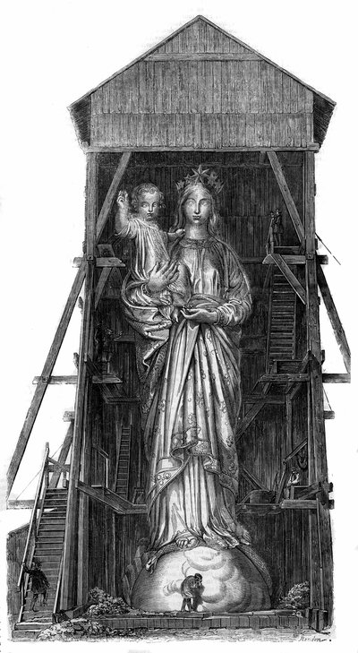Estatua de Notre Dame de Francia en Puy en Velay (Puy-en-Velay) en Haute Loire (43): modelo de la estatua a fundir del hierro de los cañones tomados en Sebastopol. La estatua se completó en 1860 y tenía 16m de altura. De una fotografía. Grabado en 