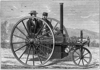 Coche de vapor, sistema de Charles Palmer, impulsado por una caldera de coque, hasta una velocidad de 10 a 12 kilómetros por hora. Grabado en "La Nature. Revue des sciences et de ses aplicaciones aux arts et a l