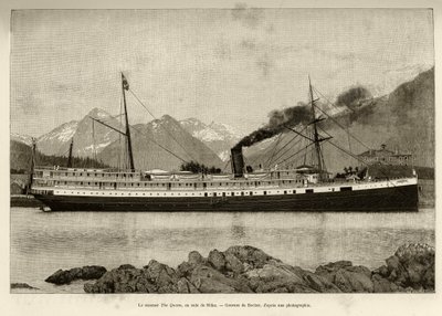 Vapor La Reina, en el puerto de Sitka (Alaska, EE.UU.). Grabado por Bocher, en 1890, en Le tour du monde, nouveau journal des voyages, editado por Edouard Charton (1807-1890), 2º semestre 1891, edición Hachette, París de French School