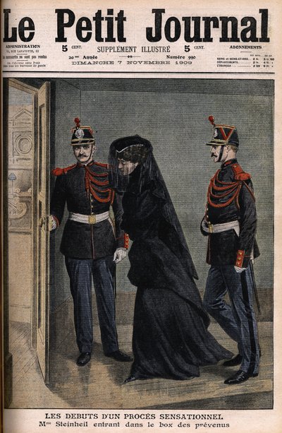 Caso Steinheil: Marguerite Steinheil (1869-1954) entrando en el banquillo de los acusados - Le Petit Journal, 7 de noviembre de French School