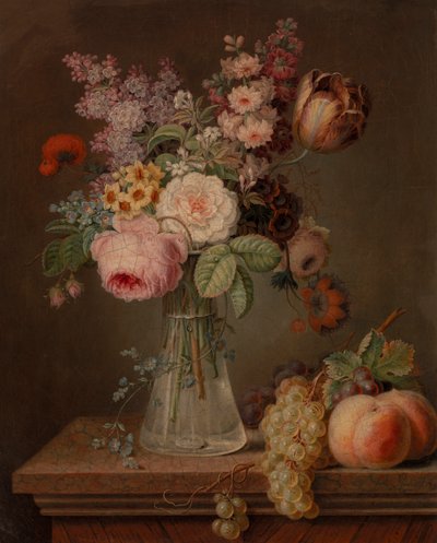 Naturaleza muerta con flores en un jarrón de vidrio de French School