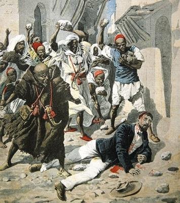 Lapidación del Doctor Emile Mauchamp en Marrakech, ilustración de portada de Le Petit Journal, 7 de abril, 1907 de French School