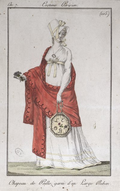 Sombrero de paja con cinta, lámina de moda de Costumes Parisiens, 1799 de French School