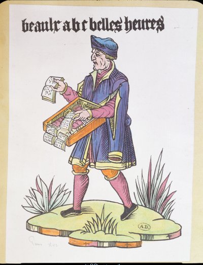 Vendedor ambulante de la calle vendiendo abecedarios y libros, de Cris de Paris, c.1515 de French School