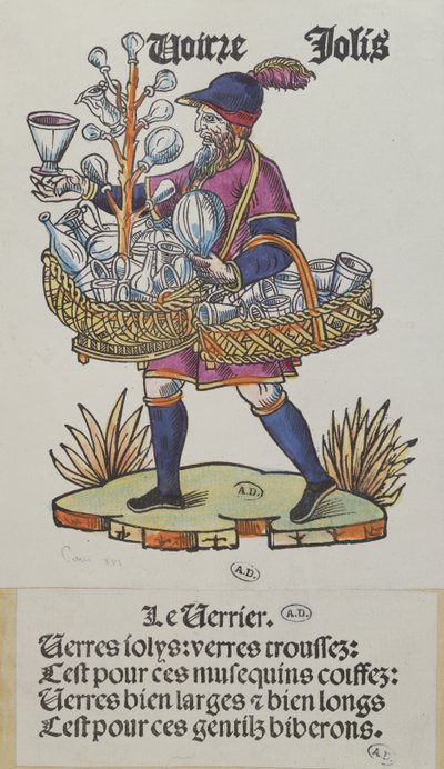 Vendedor ambulante de cristalería, de Cris de Paris, c.1515 (grabado en madera coloreado) de French School