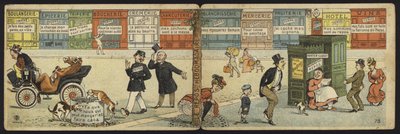 Escena de calle con una fila de tiendas cerradas y un baño público cerrado de French School