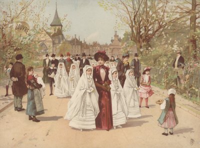 Escena callejera con niñas vistiendo vestidos de Confirmación de French School