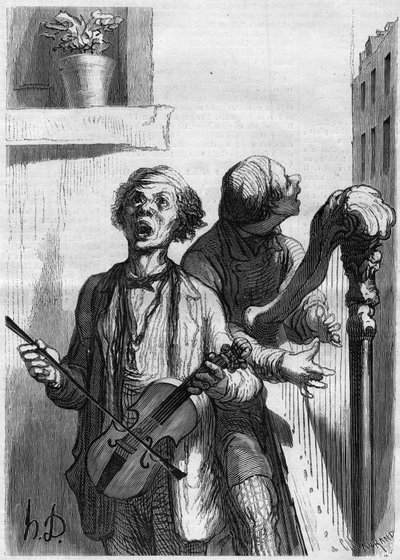 Cantantes callejeros. Caricatura de Honoré Daumier. Grabado en “Le Monde Illustré” n°297 del 20 de diciembre de 1862 de French School