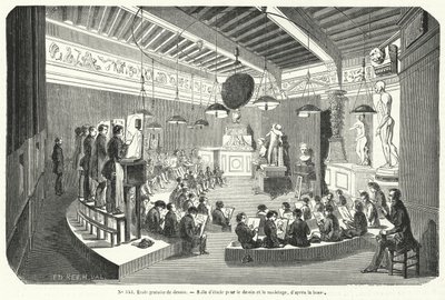 Estudiantes en una clase en una escuela gratuita de dibujo, Francia (grabado) de French School