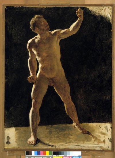 Estudio de un hombre desnudo levantando el puño. Pintura anónima. Museo Granet, Aix en Provence de French School