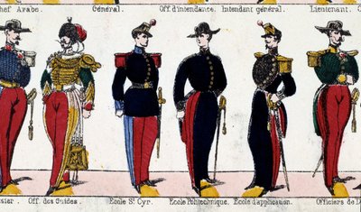 Trajes para estudiantes del oficial de guías, la escuela de Saint Cyr, Polytechnique y la escuela de aplicación. Grabado del siglo XIX. París, Museo Carnavalet de French School