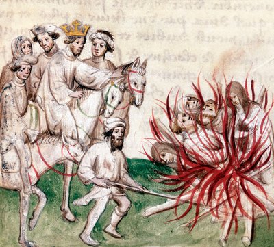 Suplicante de los Templarios: Jacques de Molay (Molai) gran maestre de la Orden de los Templarios y varios de sus compañeros son acusados de herejía y libertinaje por el rey Felipe IV dit le bel et ejecuta el 4 de marzo de French School