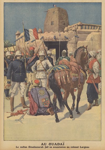 Rendición del sultán de Wadai Doudmourrah a las tropas francesas comandadas por el Coronel Largeau (litografía a color) de French School