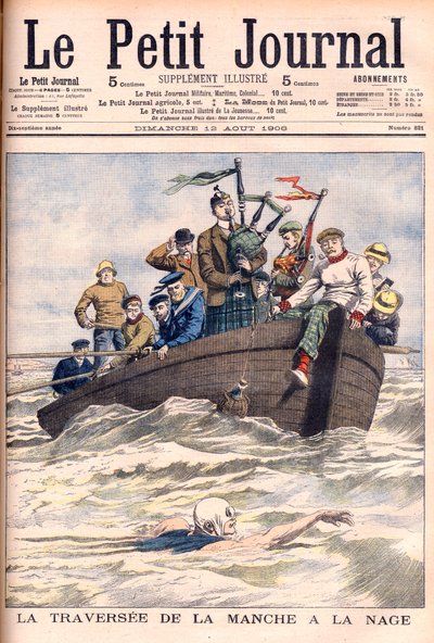 Nadando el Canal de la Mancha. El inglés Jabez Wolffe haciendo el primero de sus 22 intentos fallidos de cruzar a nado el Canal. La travesía del canal a nado por Jabez Wolffe (1877-1943) - Ilustración para Le Petit Journal de French School