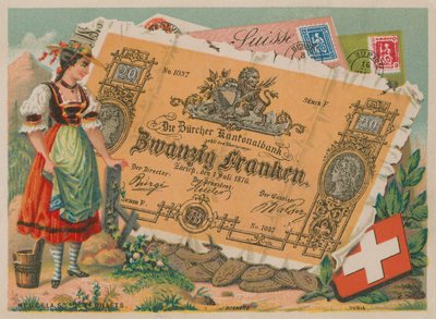 Chica suiza con traje tradicional y billete de 20 francos de French School