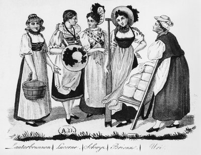 Mujeres suizas con traje tradicional de French School