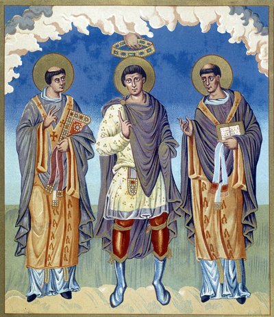 Coronación simbólica de un príncipe franco rodeado de religiosos. Ilustración tomada de "Francia en el siglo IX". de French School