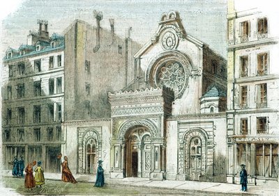 Sinagoga de la calle de la Victoria, París, hacia 1880 (grabado en color) de French School