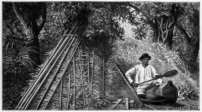 Siringuero fumando látex para formar caucho. Grabado de 1898. de French School