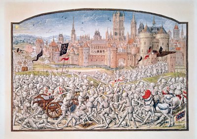 T.2 fol.287 Victoria de los habitantes de Gante liderados por Philipp van Artevelde (1290-1345) antes de Brujas en 1381, de la Crónica de Froissart, 1472 de French School