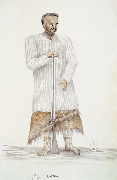 Jefe tahitiano, ilustración del Viaje de Louis I Duperrey, por LF Lejeune de French School