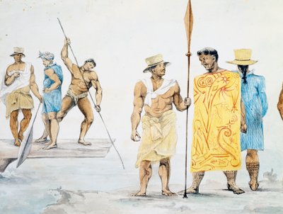 Jefes tahitianos abordando la Coquille, diseño de Jules-Louis Lejeune, basado en el Viaje alrededor del mundo de French School