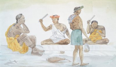 Golpeadores de tela tahitiana, por LF Lejeune del Viaje de Louis I Duperrey (1822-1825), Polinesia siglo XIX Acuarela de French School
