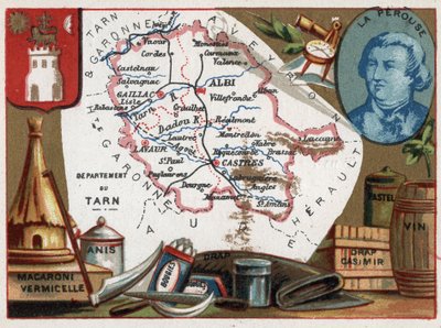 Tarn, Midi Pirineos, Francia. Macarrones y fideos, anís, velas, ropa de cama, pastel y vino. Retrato de Jean François de Galaup, Conde de La Pérouse (1741-?), oficial naval. Serie sobre los Departamentos Franceses. Cromolitografía de French School