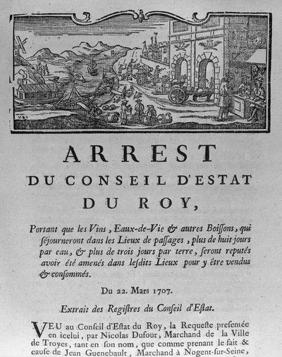 Oficina de Impuestos en la Entrada de una Ciudad para Vinos y Licores, decreto del Consejo de Estado 22 de marzo de 1707, de los Registros del Consejo de Estado de París, 1739 de French School
