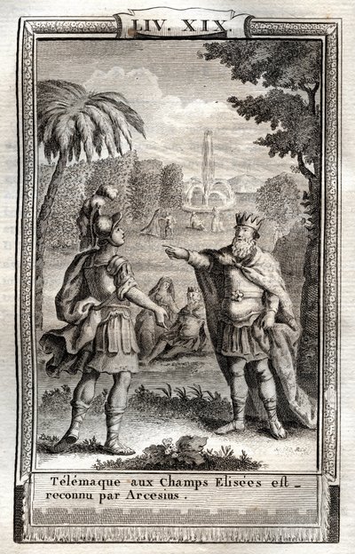 Telemaque en los Campos Elíseos es reconocido por Arcesius - grabado de 1798 después de Monnet en 