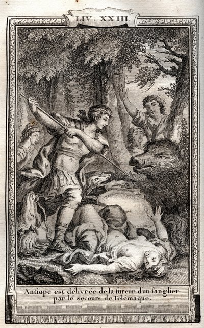 Telémaco libera a Antíope de un jabalí - grabado de 1798 por Monnet en “Les Aventures de Télémaque, fils d