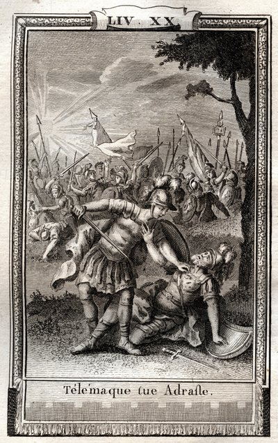 Telémaco mata a Adraste - grabado de 1798 por Monnet en “Las Aventuras de Telémaco, hijo de Ulises” por François de Salignac de La Mothe-Fénelon llamado Fénelon - de French School