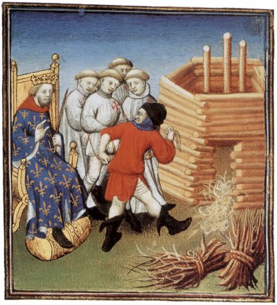 Los templarios van a ser ejecutados bajo la mirada del rey francés Philippe IV le Bel en 1310, iluminación de French School