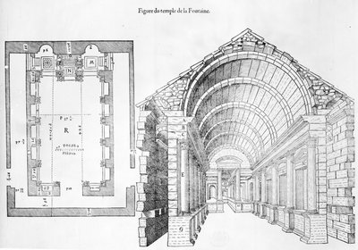 Templo de la Fuente, ilustración de Discours historial de lantique et illustre cite de Nismes de Jean Poldo d