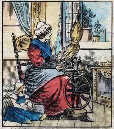 Textil, lino. Una mujer usa una rueca mecánica para hilar lino. Grabado. Imagen de Épinal de finales del siglo XIX. de French School