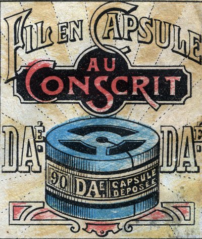 Textil, lino. Cápsula para usar hilos de coser Dae. Grabado. Imagen de Epinal de finales del siglo XIX de French School