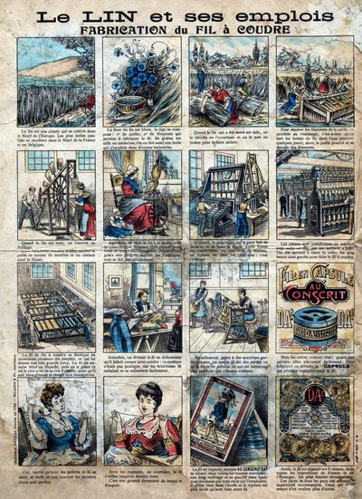 Textil, lino. Los pasos de costura, fabricación, uso y comercialización del lino para hacer hilo de coser. Grabado. Imagen de Epinal de finales del siglo XIX. de French School