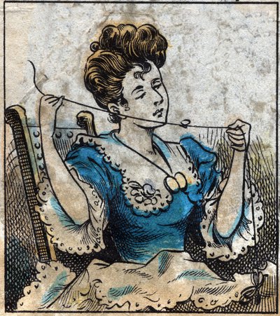Textil, lino. Mujer usando una bola para usar hilos de coser. Grabado. Imagen de Épinal de finales del siglo XIX. de French School