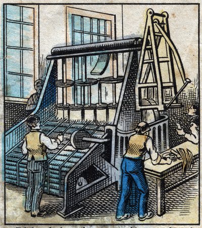 Textil, lino: el taller. Peine para quitar y alisar el hilo de lino que será transformado por el dibujo en cintas cada vez más finas. Grabado. Imagen de Épinal de finales del siglo XIX. de French School